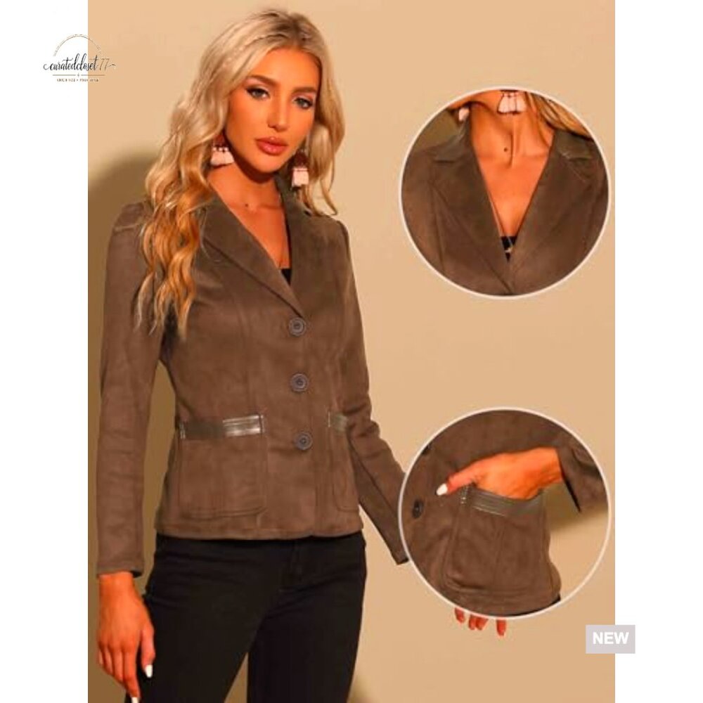 Faux Suede Blazer Lapel Collar Button Front Long Sleeve Jacket - Picture 2 of 6